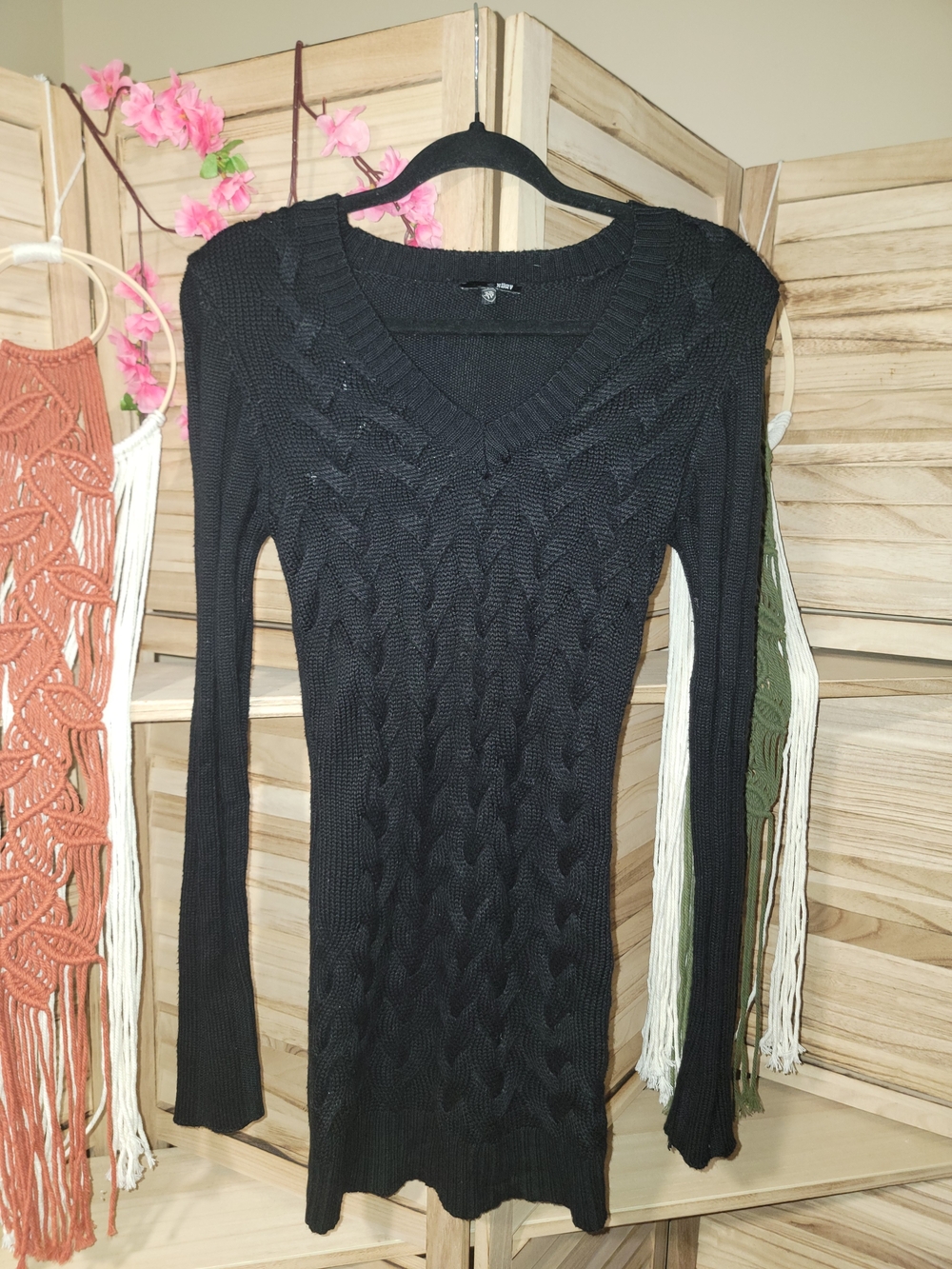 Black Cable-Knit V-Neck Sweater Dress